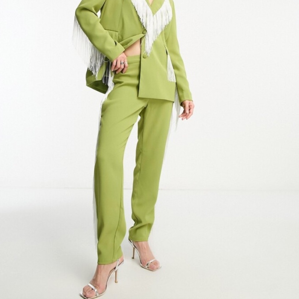 Extro & Vert premium Green straight leg trousers with Fringe Detail